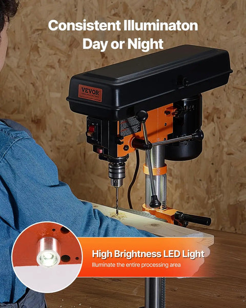 Heavy Duty Benchtop Drill Press Packing A Killer 3.2 Amp Motor And Five Speeds With Ten Inch Swing Plus Tilting Cast Iron Table, LED light on drill.