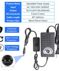 Adjustable power supply kit featuring AC input and DC output with overload, short circuit, and over voltage protection details.