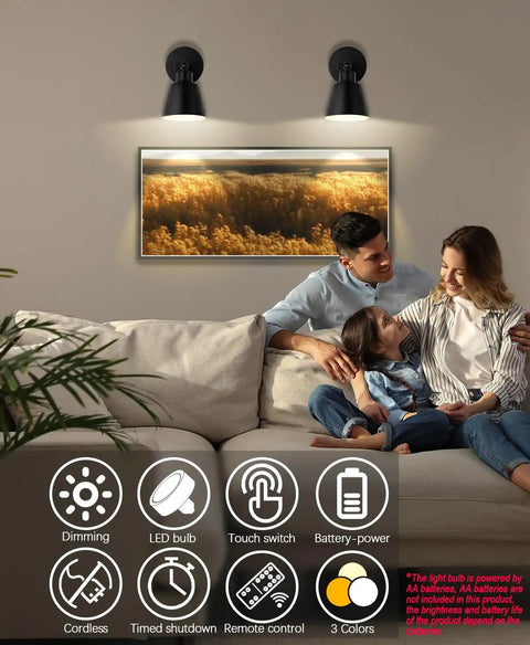 Black Wireless Led Wall Sconces Set Of Two With Remote Control Dimmer And Auto Timer lighting a cozy family setting.