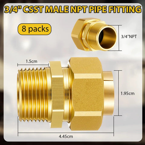 Close-up of 8 Pack 3/4 Inch NPT Brass Pipe Fittings Set With CSST Male NPT Adapters Threaded Hex Nipples dimensions shown