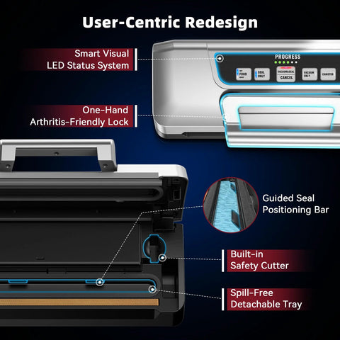 Front view of Next Gen Vacuum Sealer with LED status, built-in safety cutter, guided seal bar, detachable tray.