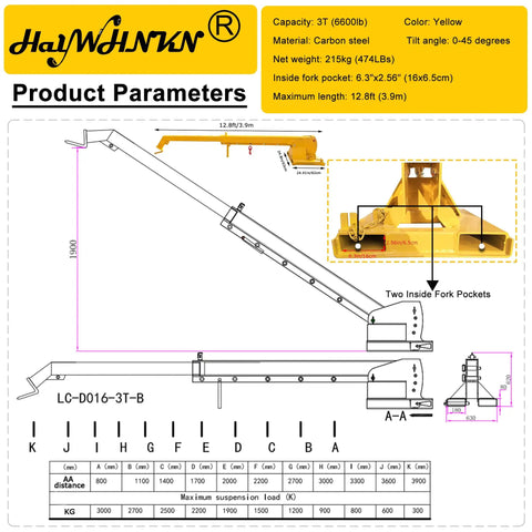 Built Like A Tank Forklift Telescopic Boom 3 Ton 12.8 Ft Extension Rack detailed diagram showing dimensions and specifications.