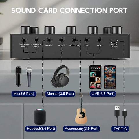 Sound card connection ports on All In One Podcast Gear Bundle with BM 800 Microphone and V8s Sound Card, DJ Mixer
