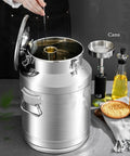 Heavy Duty 304 Stainless Steel Storage Container 16.9 Gallon No Sweat Airtight Barrel For Milk Water Grains Coffee Beans Flour Hangable Lid Top Shelf Rust Proof Daily Driver with open lid and inner scoop.