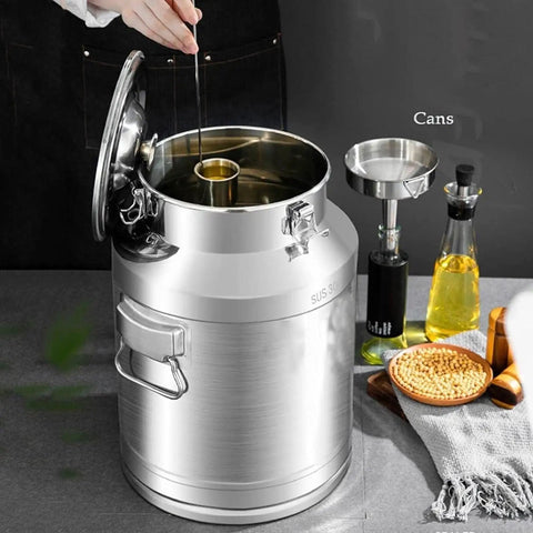 Heavy Duty 304 Stainless Steel Storage Container 16.9 Gallon No Sweat Airtight Barrel For Milk Water Grains Coffee Beans Flour Hangable Lid Top Shelf Rust Proof Daily Driver with open lid and inner scoop.