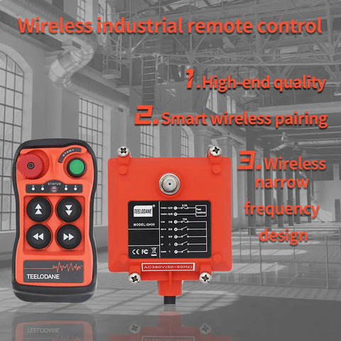 Front view of Q400 industrial wireless crane remote kit: orange 4-button transmitter with emergency stop and matching orange receiver.