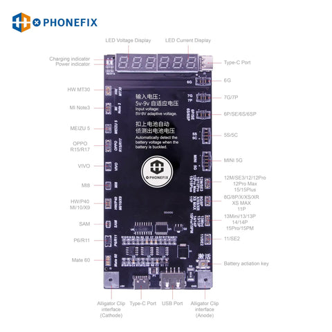 Battery Activation Detection Board For iPhone 5 Through 15 Pro Max And Android Phones With Type C And USB Interfaces The Go To All In One Circuit Board Charging Tester And Battery Diagnostics For Fast Activation, black PCB with LED display