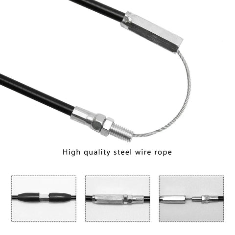 Close-up of Seven Eighths Inch Thumb Throttle Cable for 22mm Handlebar, 46.5 inch long with metal section, suitable for ATV quad, go-kart pit bike.