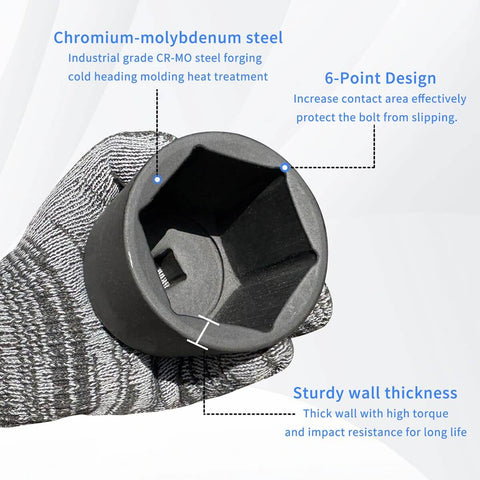 Close-up of Half Inch Drive Impact Socket 22mm 6 Point Cr-Mo Deep Socket 78mm Length, held in a gloved hand, showing interior.