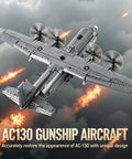 AC 130 Gunship Building Block Set 1713 Pieces WW2 Aircraft Model Kit flying against cloudy sky with flames
