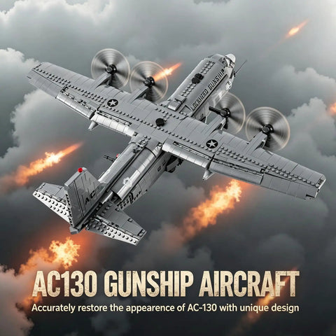 AC 130 Gunship Building Block Set 1713 Pieces WW2 Aircraft Model Kit flying against cloudy sky with flames