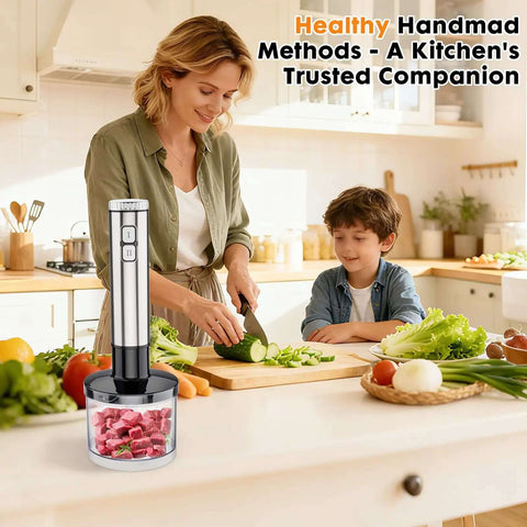 Killer 1000W Handheld Immersion Blender 8 In 1 Multi Tool Mixer Chopper Frother in kitchen with woman and child preparing food.