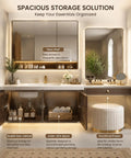 Modern Wall Floating Bathroom Vanity With Integrated Makeup Station And Deep Drawers Delivers A Slick Vibe And Hassle Free Storage For Any Tight Space, showcasing open shelves and double door cabinets.