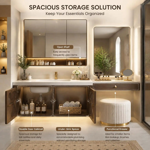 Modern Wall Floating Bathroom Vanity With Integrated Makeup Station And Deep Drawers Delivers A Slick Vibe And Hassle Free Storage For Any Tight Space, showcasing open shelves and double door cabinets.