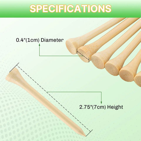 Diagram showing 1000 Count Bamboo Golf Tees Two And Three Quarters Inch Long Beefy 7X Stronger Than Wood Reducing Friction And Side Spin