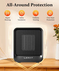 Compact 500W Space Heater For Home Office And Dorm with safety icons on wooden table, highlighting features.