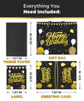 Black Birthday Gift Bag For Men With Foil Stamping And Tissue Paper, 12.5 Inch Medium Gift Bag With Greeting Card, contents shown