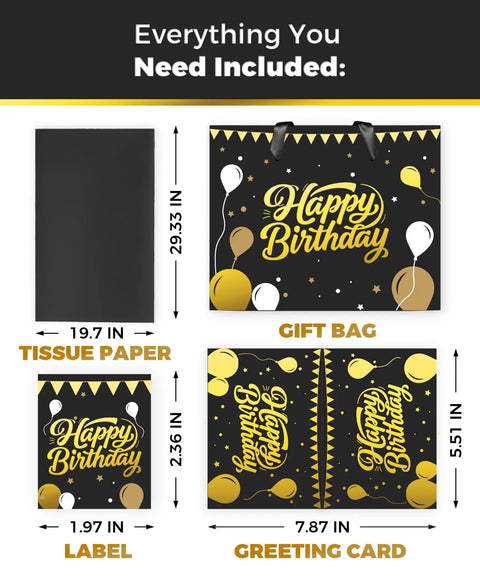 Black Birthday Gift Bag For Men With Foil Stamping And Tissue Paper, 12.5 Inch Medium Gift Bag With Greeting Card, contents shown