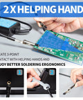 Pro Grade 60W Digital Soldering Station Kit With Two Handy Helping Hands shown securing circuit board for precision work.