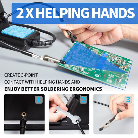 Pro Grade 60W Digital Soldering Station Kit With Two Handy Helping Hands shown securing circuit board for precision work.