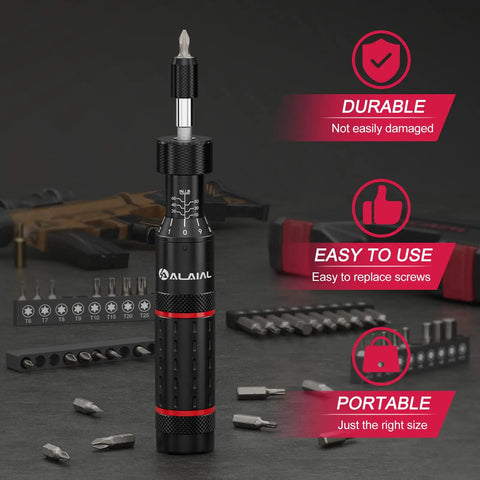 Adjustable Torque Screwdriver Kit 10 to 60 in-lb with 40 precision bits, shown with interchangeable bits and case