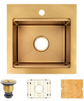 Gold Bar Sink 17 By 17 Inches, Drop In And Top Mount Bar And Prep Sink, 16 Gauge Stainless Steel with accessories, ideal for home bar