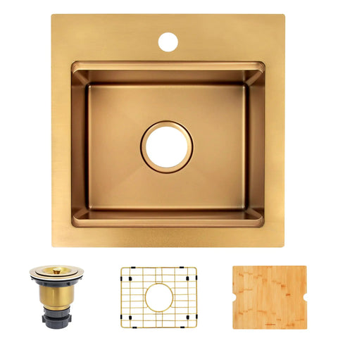 Gold Bar Sink 17 By 17 Inches, Drop In And Top Mount Bar And Prep Sink, 16 Gauge Stainless Steel with accessories, ideal for home bar