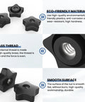 Heavy Duty 5/16 18 Thread Star Knobs Rock Solid Grip No Sweat Hand Tightening Clamping Screws in black nylon with brass threads.