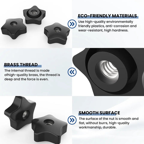 Heavy Duty 5/16 18 Thread Star Knobs Rock Solid Grip No Sweat Hand Tightening Clamping Screws in black nylon with brass threads.