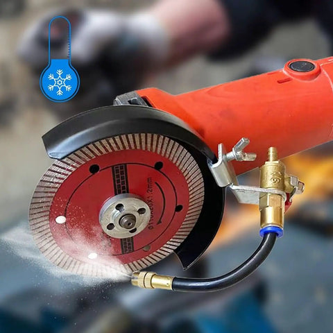 Dust Collector Water Sprayer for Metal Cutting Tools, 17.7cm attachment in use, spraying coolant on cutting area.