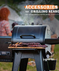 Pellet grill with sizzling meat, "Accessories for Grilling Season" text overlay