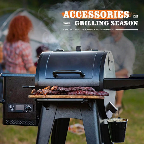 Pellet grill with sizzling meat, "Accessories for Grilling Season" text overlay