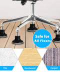Low Profile Bell Glides Office Chair Feet 5 Pack Replacement Caster Wheels To Fixed Castors With Self Adhesive Felt Pads Black, Short 37 mm Height, Fits 11 mm Stem, Not For IKEA Or 10 mm Stems installed on wooden floor with labels for tile, hardwood, and carpet surfaces.