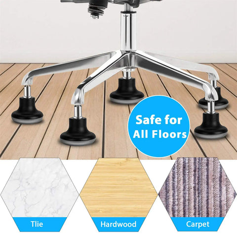 Low Profile Bell Glides Office Chair Feet 5 Pack Replacement Caster Wheels To Fixed Castors With Self Adhesive Felt Pads Black, Short 37 mm Height, Fits 11 mm Stem, Not For IKEA Or 10 mm Stems installed on wooden floor with labels for tile, hardwood, and carpet surfaces.