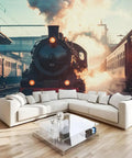 Self-Adhesive Train Wall Mural With Realistic Steam Locomotive, Huge 157.5 X 110.3 Inch Size, 3D Depth Embossed Texture