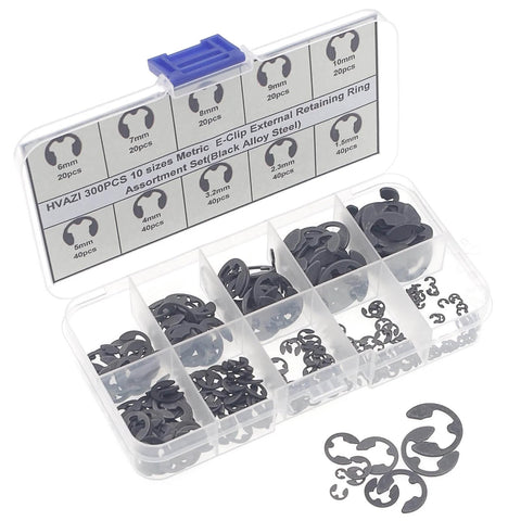 External Retaining Ring E Clip Assortment Kit With 300 Pieces In Ten Metric Sizes From 1.5mm To 10mm Black Alloy Steel Circlips