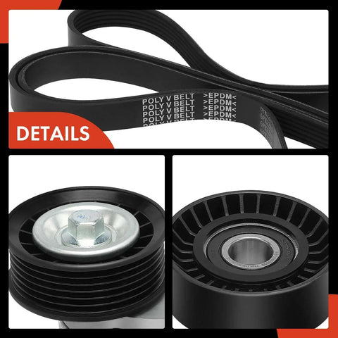 Engine Serpentine Belt Drive Kit With Tensioner And Idler Pulley, belt and pulley details for Ford Focus 2007-2011 and Transit Connect 2010-2013
