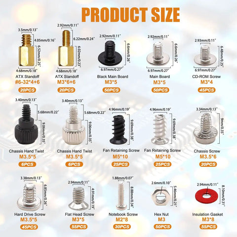 Badass 502Pcs Computer Screw Assortment Kit Featuring Rock Solid Motherboard Standoffs and Laptop Hardware for PC Case Fan, detailed sizes of screws and standoffs.