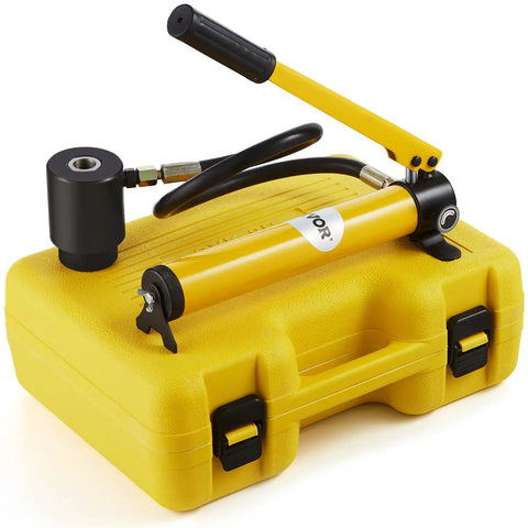 10 Ton Hydraulic Knockout Punch Kit With Half Inch To Two Inch Conduit Die Set Puncher on yellow carrying case