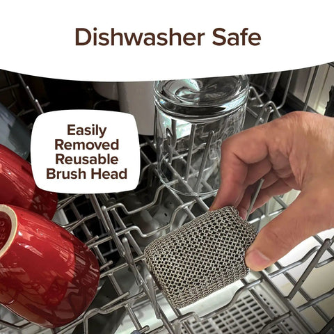 Giddy Up Grill Cleaner Cordless BBQ Scrubber dishwasher-safe brush head being placed in dishwasher near red cups.
