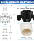 1/2 Inch To 14 NPT Barb Elbow And Straight Swivel RV Water Pump Fittings With Thread Seal Tape Female Threaded Pex For Strainer 360 Degree Rotating Hose Adapter DIY Friendly Install Fits Most Pumps. 1/2" FPT wingnut elbow adapter and 1/2" hose fitting, black nylon