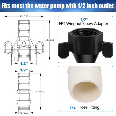 1/2 Inch To 14 NPT Barb Elbow And Straight Swivel RV Water Pump Fittings With Thread Seal Tape Female Threaded Pex For Strainer 360 Degree Rotating Hose Adapter DIY Friendly Install Fits Most Pumps. 1/2" FPT wingnut elbow adapter and 1/2" hose fitting, black nylon