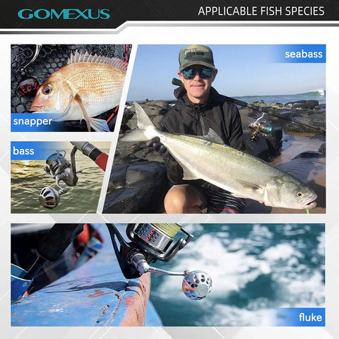 Power Knob Upgrade For Shimano And Daiwa Reels, 38mm Metal Round Handle shown with snapper, seabass, fluke; fishing scenario.