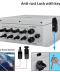 Heavy Duty 4 String PV Combiner Box With A Straight Up 15A Setup and Rust-proof lock, showing inputs and outputs.