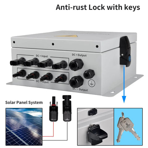 Heavy Duty 4 String PV Combiner Box With A Straight Up 15A Setup and Rust-proof lock, showing inputs and outputs.