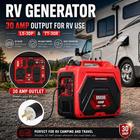 4500W Portable Inverter Generator For Home And Outdoor Use, Ultra Quiet Gas Powered Backup Power With Eco Mode shown next to RV