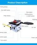 Diagram of Beefed Up 1200W Automatic Edge Banding Machine For Woodworking Desktop Edgebander with labeled components like glue adjust, cutting device, rotating tray.