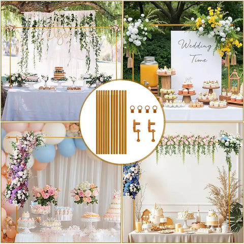 Badass Heavy Duty Over The Table Rod Stand For Balloons And Props With Secure Grip Clamps, metallic gold rods, adjustable size.