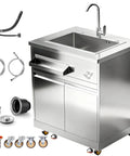 Stainless Steel Outdoor Kitchen Sink With Faucet Kit Hose Hookups Single Bowl Storage Brakes On Wheels Spice Rack All Weather Use Built To Last For RV Yard Garage Restaurants