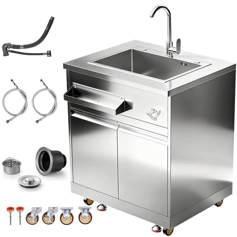 Stainless Steel Outdoor Kitchen Sink With Faucet Kit Hose Hookups Single Bowl Storage Brakes On Wheels Spice Rack All Weather Use Built To Last For RV Yard Garage Restaurants